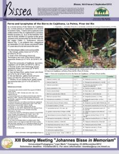 Bissea, Vol.6 Issue 2 September/2012 Bissea is the peer-reviewed newsletter published by the Conservation team of the National Botanic Garden of Cuba. Its main objective is to report on the efforts that are being carried