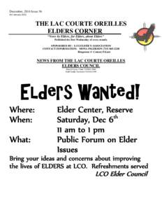 December, 2014 Issue 36 Est. January 2012  THE LAC COURTE OREILLES ELDERS CORNER______ “News by Elders, for Elders, about Elders”