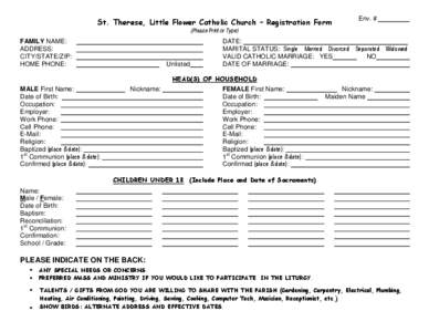 St. Therese, Little Flower Catholic Church – Registration Form  Env. #