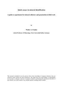 Quick assays in mineral identification A guide to experiments for mineral collectors and geoscientists in field work