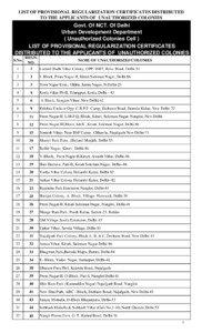 LIST OF PROVISIONAL REGULARIZATION CERTIFICATES DISTRIBUTED TO THE APPLICANTS OF UNAUTHORIZED COLONIES