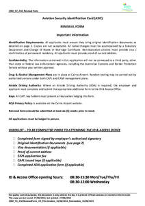 2004_SO_ASIC Renewal Form  Aviation Security Identification Card (ASIC) RENEWAL FORM Important Information Identification Requirements: All applicants must ensure they bring original identification documents as