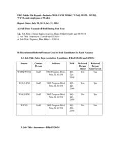 EEO Public File Report – Includes WGLC-FM, WBZG, WIVQ, WSPL, WSTQ, WYYS, and employees of WALS. Report Dates: July 21, 2013-July 21, 2014 A: Full Time Vacancies Filled During Past Year 1,2. Job Title: 2 Sales Represent