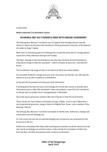 13 April 2014 Media statement: For immediate release KOHANGA REO HUI TAUMATA ENDS WITH BROAD AGREEMENT The Kohanga Reo National Trust Board says it’s pleased that Kohanga whanau had the chance to meet and talk about th