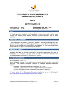CONSULTANT IN TEACHER PREPARATION (EXAMINATIONS AND RESEARCH) OPEN CONTINUOUS FILING Class Code: 2618