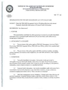 Personal life / Personally identifiable information / TRICARE / Government / Public safety / Assistant Secretary of Defense for Health Affairs / Information security / Internet privacy / Information privacy / United States Department of Defense / Security / Healthcare in the United States