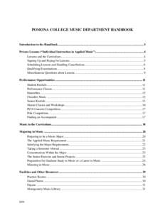 POMONA COLLEGE MUSIC DEPARTMENT HANDBOOK  Introduction to the Handbook ................................................................................................................... 3 Private Lessons (“Individual 