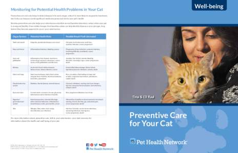 Well-being  Monitoring for Potential Health Problems in Your Cat Preventive care not only helps to detect disease in its early stages, when it is most likely to respond to treatment, but it also can help you avoid signif