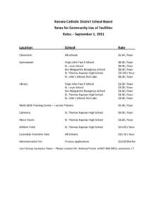 Kenora Catholic District School Board Rates for Community Use of Facilities Rates – September 1, 2011 Location