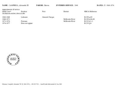 NAME:  CAMPBELL, Alexander 'B'                 PARISH:  Barvas[removed]ENTERED SERVICE:  1868
