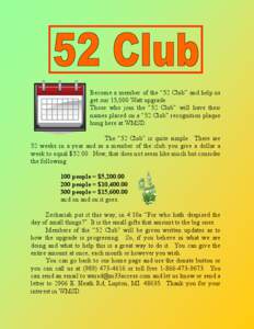 Become a member of the “52 Club” and help us get our 15,000 Watt upgrade. Those who join the “52 Club” will have their names placed on a “52 Club” recognition plaque hung here at WMSD. The “52 Club” is qu