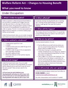 Welfare Reform Act – Changes to Housing Benefit What you need to know Under Occupation 1. What is Under Occupation?  4. Who is affected?