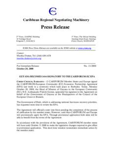 Caribbean Regional Negotiating Machinery  Press Release 2nd Floor, JAMPRO Building 18 Trafalgar Road Kingston 5, JAMAICA