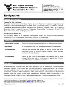West Virginia University Division of Human Resources Administrative Procedure PROCEDURE 4.3 Chapter: IV. Employee Relations
