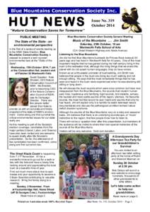 Blue Mountains Conservation Society Inc.  HUT NEWS Issue No. 319 October 2014