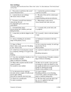 First Aid Bingo 24 questions taken from Sections One to Three of the “yellow” St. John Ambulance “First On the Scene” activity book 1. First action to perform at the scene? Assess Responsiveness