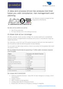 A data and process driven tax analysis tool that helps you with compliance, risk management and planning Our extensive company coverage has been recognised by ACQ Awards.