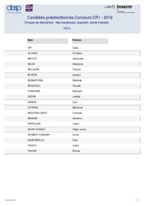 Candidats présélectionnés Concours CR1Groupe de disciplines : Neurosciences, cognition, santé mentale CSS