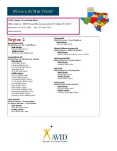 Where is AVID in TEXAS? AVID Center, Texas State Office Office Address: 11910 Greenville Avenue, Suite 107, Dallas, TX[removed]Main Line: [removed]Fax: [removed]