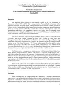 Second public hearing of the National Commission on Terrorist Attacks Upon the United States Statement of Mary Schiavo to the National Commission on Terrorist Attacks Upon the United States May 23, 2003