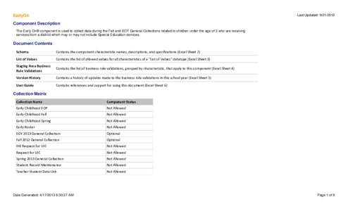 Last Updated: [removed]EarlyOn Component Description The Early On® component is used to collect data during the Fall and EOY General Collections related to children under the age of 3 who are receiving services from a