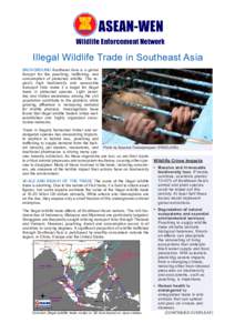 Illegal Wildlife Trade in Southeast Asia BACKGROUND Southeast Asia is a global hotspot for the poaching, trafficking, and consumption of protected wildlife. The region’s high biodiversity and accessible transport links