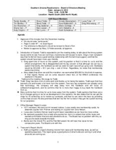 Southern Arizona Roadrunners – Board of Directors Meeting Date: January 9, 2012 Time: 6:30 – 8:30 PM Location: Health SouthNorth Wyatt) Randy Accetta – P Tim Bentley – P