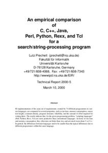 An empirical comparison of C, C++, Java, Perl, Python, Rexx, and Tcl for a search/string-processing program