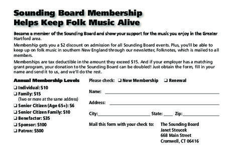 Sounding Board Membership Helps Keep Folk Music Alive Become a member of the Sounding Board and show your support for the music you enjoy in the Greater Hartford area. Membership gets you a $2 discount on admission for a