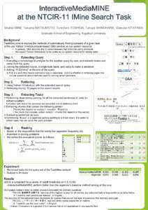 InteractiveMediaMINE at the NTCIR-11 IMine Search Task Shohei MINE, Takuma MATSUMOTO, Tomofumi YOSHIDA, Takuya SHINOHARA, Daisuke KITAYAMA Graduate School of Engineering, Kogakuin University  Background