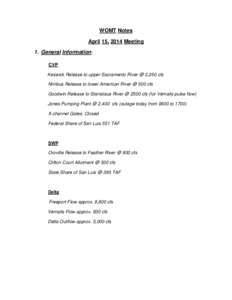 WOMT Notes April 15, 2014 Meeting 1. General Information: CVP Keswick Release to upper Sacramento River @ 3,250 cfs Nimbus Release to lower American River @ 500 cfs