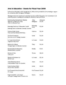 Arts in Education - Grants for Fiscal Year 2008 In Fiscal Year[removed]July 30, 2007 through June 30, 2008) we have provided $616,500 in funding to support arts in education efforts throughout Washington. Washington State 