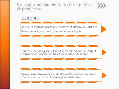 Formation, préparation à un atelier protégé de production OBJECTIFS Evaluer les aptitudes physiques, cognitives et affectives du stagiaire. Evaluer un salaire horaire en fonction de ses aptitudes.