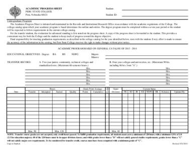 ACADEMIC PROGRESS SHEET PERU STATE COLLEGE Peru, Nebraska[removed]Student: Student ID: