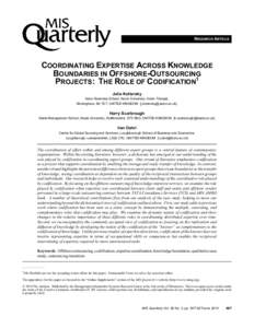 RESEARCH ARTICLE  COORDINATING EXPERTISE ACROSS KNOWLEDGE BOUNDARIES IN OFFSHORE-OUTSOURCING PROJECTS: THE ROLE OF CODIFICATION1 Julia Kotlarsky