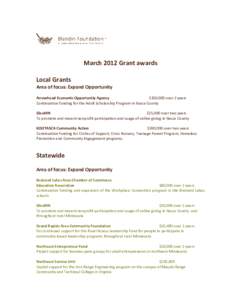 March 2012 Grant awards Local Grants Area of focus: Expand Opportunity Arrowhead Economic Opportunity Agency $350,000 over 2 years Continuation funding for the Adult Scholarship Program in Itasca County