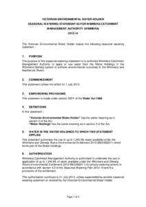 VICTORIAN ENVIRONMENTAL WATER HOLDER SEASONAL WATERING STATEMENT #2 FOR WIMMERA CATCHMENT MANAGEMENT AUTHORITY (WIMMERA[removed]The Victorian Environmental Water Holder makes the following seasonal watering