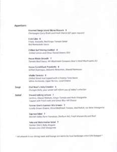 Appetizers Steamed Bangs lsland Maine Mussels 9 Chompagne Curry Broth ond Fresh Chervil (GF upon request) Crab Cake 8 Frisde, Avocado, Red Grape Tomato Salad Red Remoulade Sauce