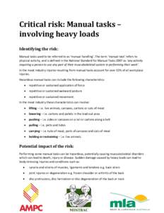 Critical risk: Manual tasks – involving heavy loads Identifying the risk: Manual tasks used to be referred to as ‘manual handling’. The term ‘manual task’ refers to physical activity, and is defined in the Nati