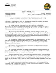 NEWS RELEASE For Immediate Release 2007OTP0161[removed]Oct. 21, 2007  Office of the Premier