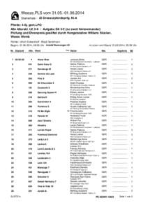 Weeze,PLS vom[removed]2014 Starterliste - 22 Dressurpferdeprfg. Kl.A Pferde: 4-6j. gem.LPO Alle Alterskl. LK[removed]Aufgabe DA 3/2 (zu zweit hintereinander) Prüfung und Ehrenpreis gestiftet durch Hengststation Wilbe