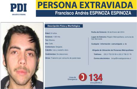 Francisco Andrés ESPINOZA ESPINOZA  Edad: 24 años. Estatura: 1.68 mts. Tez: Blanca. Iris: Café.