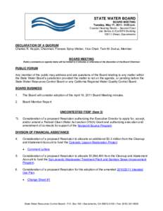 STATE WATER BOARD BOARD MEETING Tuesday, May 17, 2011– 9:00 a.m. Coastal Hearing Room – Second Floor Joe Serna Jr./Cal/EPA Building 1001 I Street, Sacramento