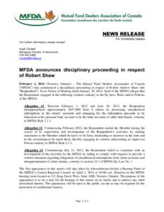 News release - MFDA announces disciplinary proceeding in respect of Robert Shaw