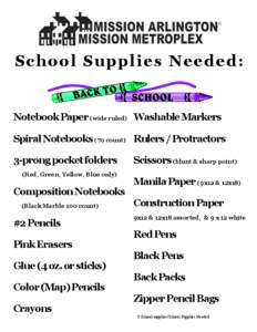 School Supplies Needed:  Notebook Paper (wide ruled) Washable Markers Spiral Notebooks (70 count) Rulers / Protractors 3-prong pocket folders (Red, Green, Yellow, Blue only)