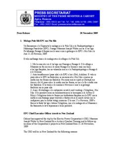 PRESS SECRETARIAT MINISTRY OF THE PRIME MINISTER & CABINET Apia, Samoa  Telephone : ([removed]ext 746, 747, 748, ([removed], ([removed]