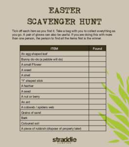 EASTER SCAVENGER HUNT Tick off each item as you find it. Take a bag with you to collect everything as you go. A pair of gloves can also be useful. If you are doing this with more than one person, the person to find all t