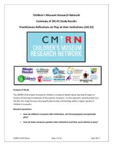 Children’s Museum Research Network Summary of SIG #2 Study Results Practitioners Reflections on Play at their Institutions (SIG #2) Purpose of Study The CMRN’s first project focused on children’s museums beliefs ab