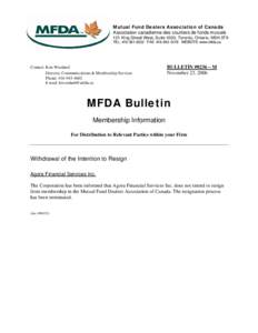 Withdrawal of Intention to Resign Bulletin #0236-M - Agora Financial Services Inc.