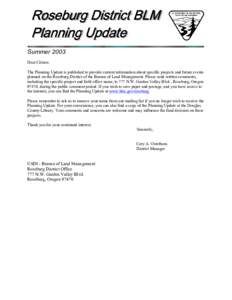 Roseburg District BLM Planning Update Summer 2003